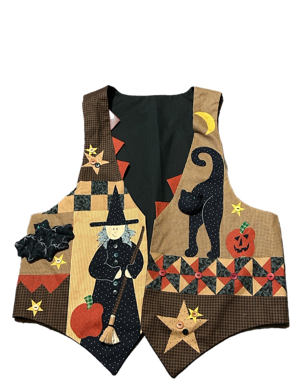 Vintage Women’s Halloween Patchwork Witch and Cat Cloth Vest